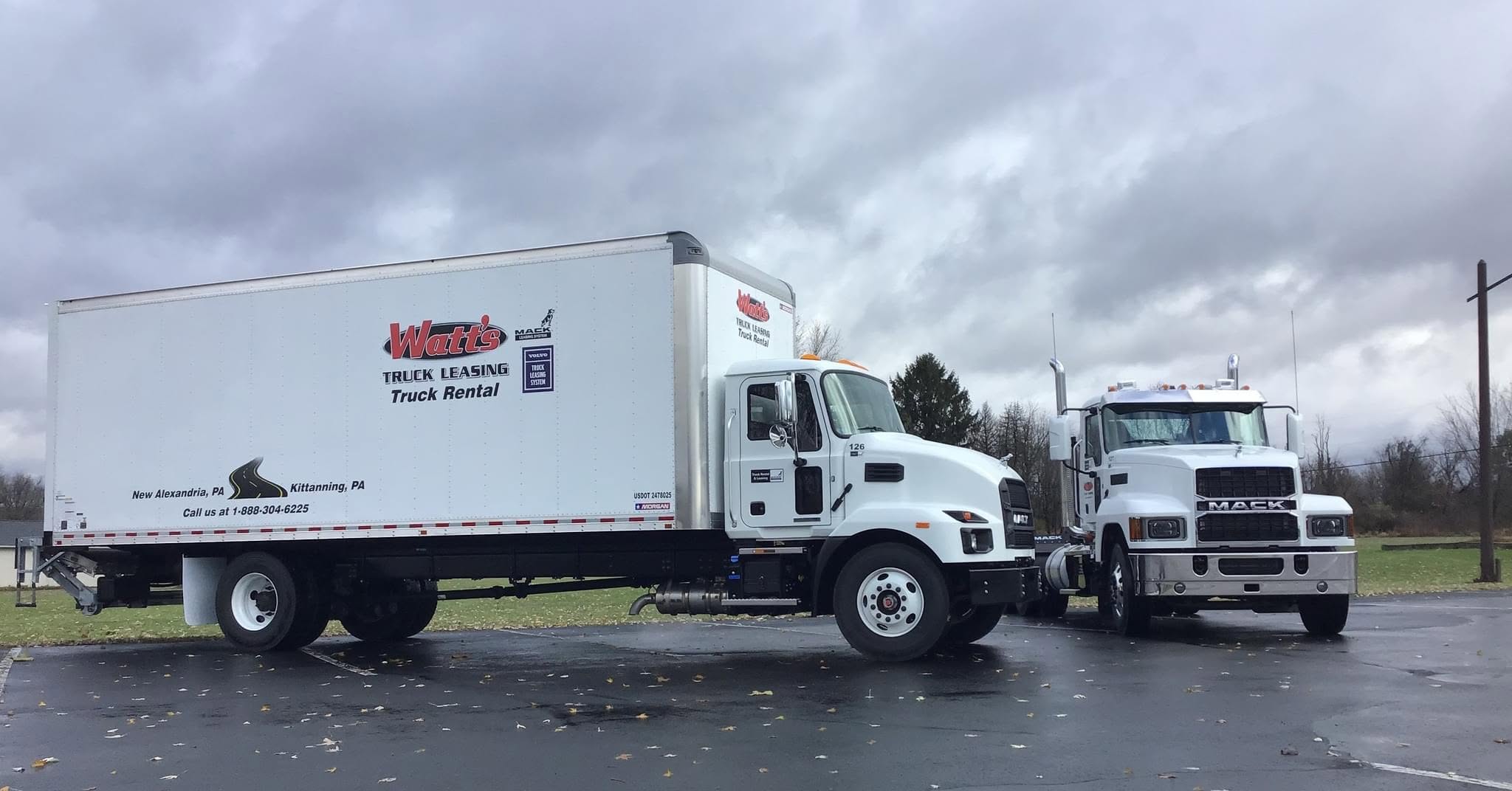 Watt’s Truck Leasing box truck and Mack tractor